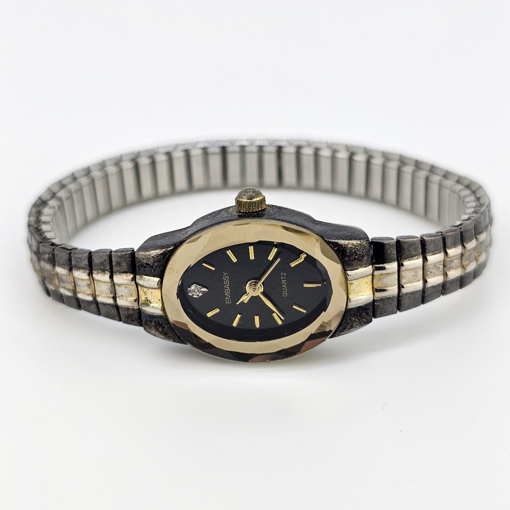 Embassy Women's Watch 18MM Black Dial Black Gold Expandable Band 6" New Battery